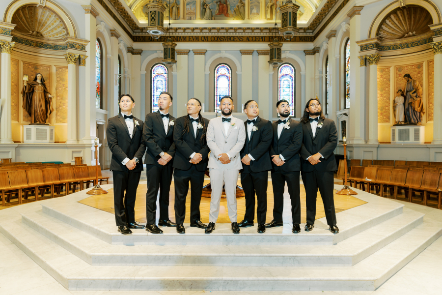 San Jose wedding groomsmen stand in heroic poses right after the ceremony