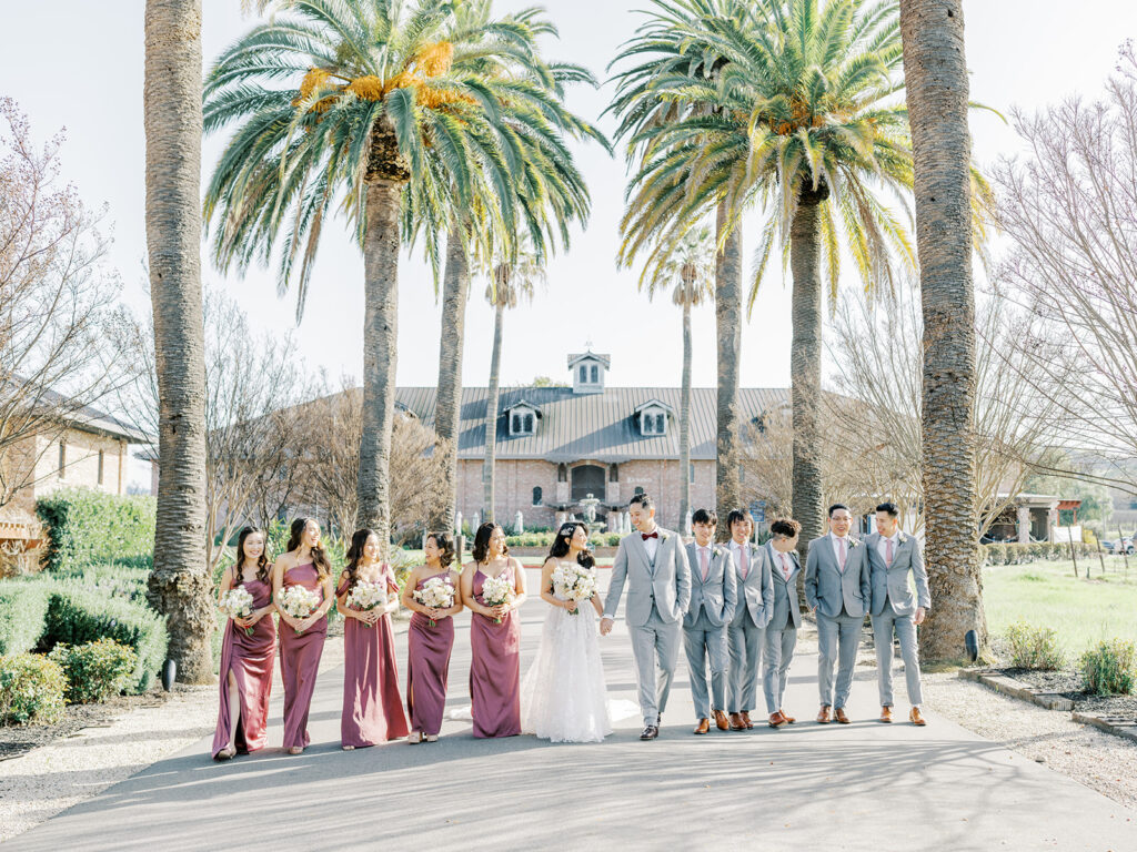 San Francisco bride stands with bridesmaids by her side and groom is holding her hand standing next to his groomsmen right in front of the Palm Events Center wedding venue